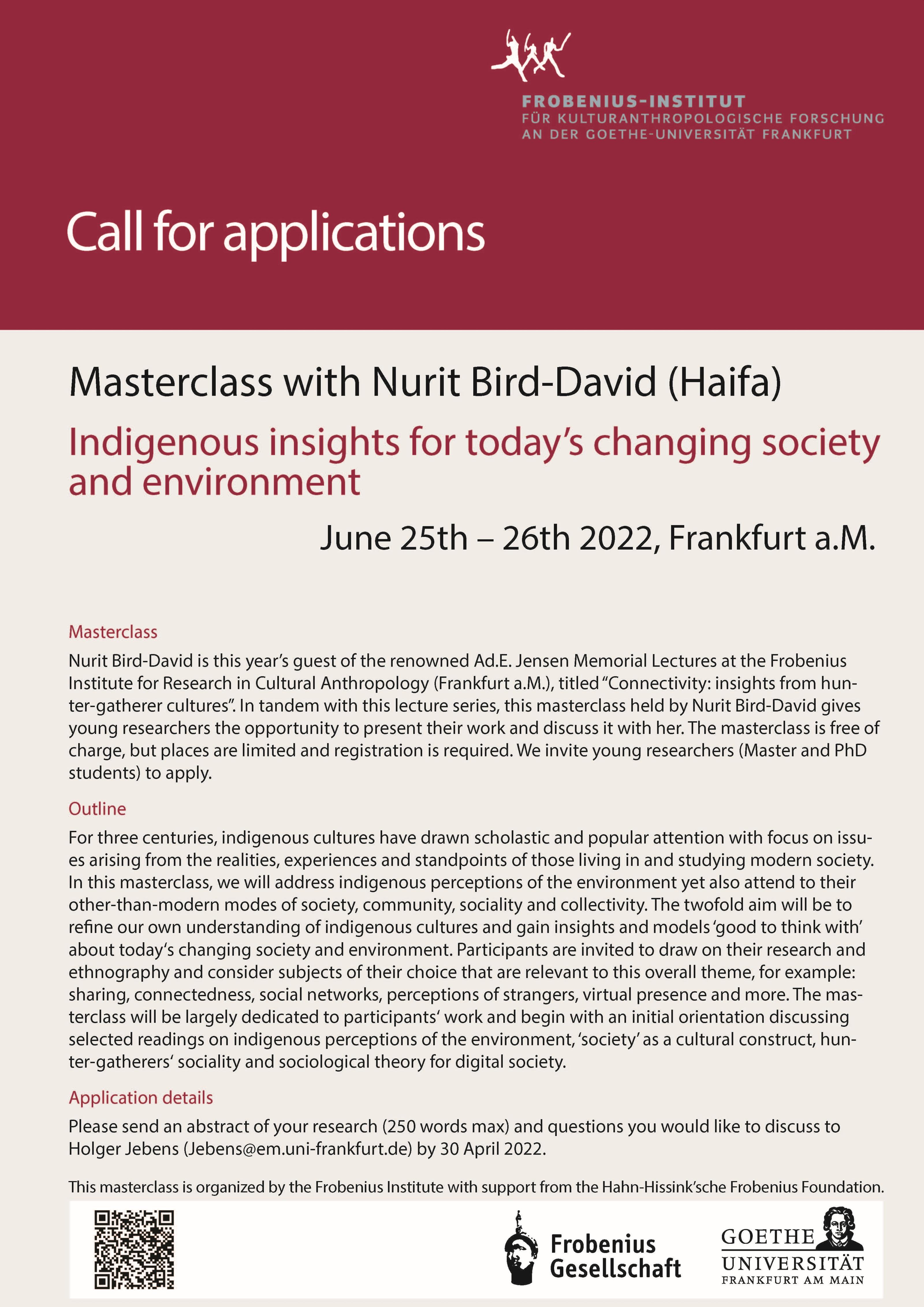Ausschreibung: Masterclass 2022 mit Prof. Dr. Nurit Bird-David 